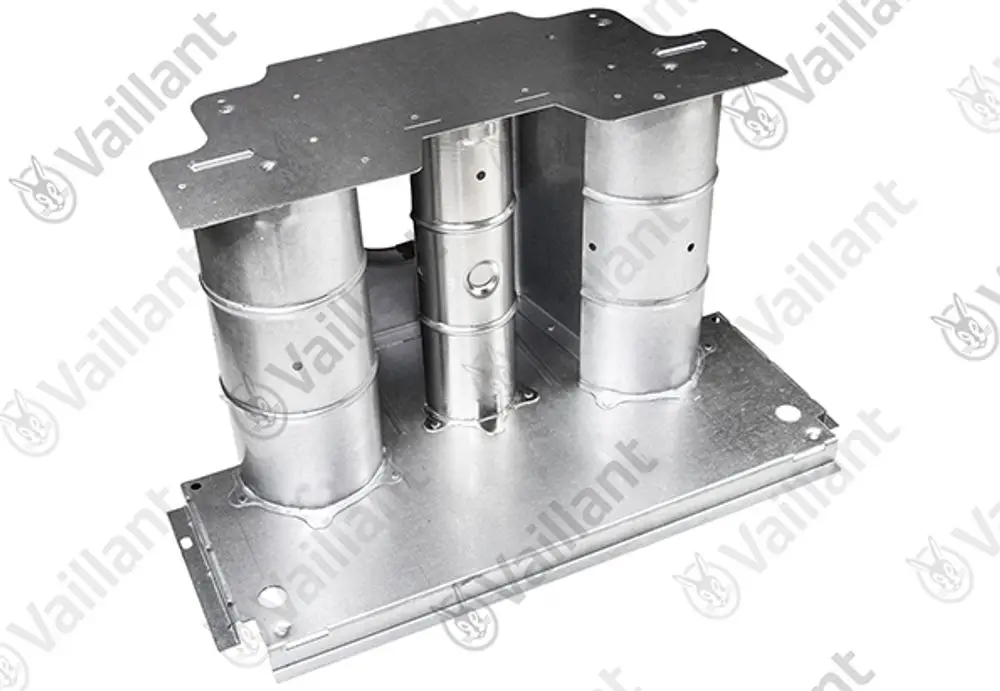 Vaillant-Komponente mit einer flachen Basis und zwei zylindrischen Elementen. Aus Metall gefertigt, dienst zur Strömungssicherung.